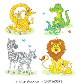 Set of funny African animals - giraffe, zebra, crocodile and lion with their cute babies. In cartoon style. Isolated on white background. Vector illustration.