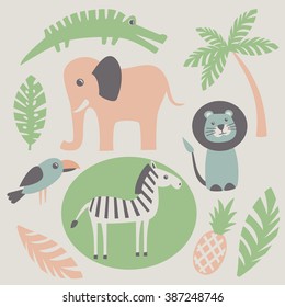Set of funny African animals and plants. Vector illustration.