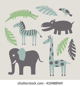 Set of funny African animals and plants. Vector illustration.