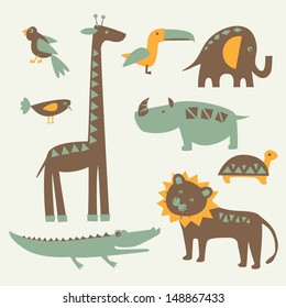 Conjunto de divertidos animales africanos. Ilustración vectorial.