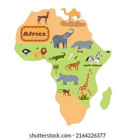 Set of funny African wild animals, on continent background. Elephant, lion, giraffe, monkey, parrot, camel, ostrich, zebra, rhinoceros, hippo, gazelle . Colourful vector illustration in flat style.