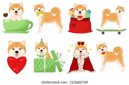 A set of funny akita dogs on a white background. Cartoon design. Vector illustration.
