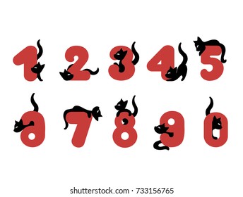 Set of funny alphabet number with characters cats from 0 to 9. Cartoon vector illustration of font figures on white background for children.