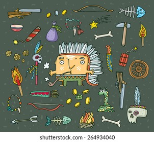 set of funny American Indian and tools. Vector. Isolated . cartoon illustration.