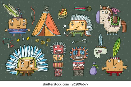 set of funny American Indians. Vector. Isolated . cartoon illustration.