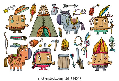 set of funny American Indians. Vector. Isolated . cartoon illustration.