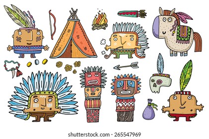 set of funny American Indians. Vector. Isolated . cartoon illustration.