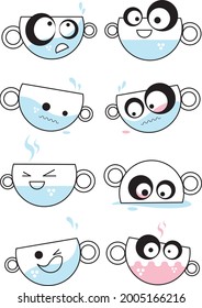 Set of funny and angry emoji cups with blue and pink liquid