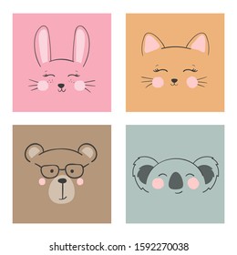 Set of funny animal faces. Cute vector illustration of animal portraits