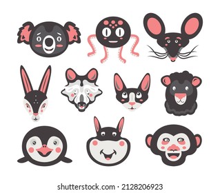 Set of funny animal faces on a white background.