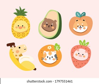 set funny animal in fruit. character - avocado and Bear, pineapple and Duck, peach peach and Shiba Dog, orange and Cat,  ,banana and giraffe , strawberry and pig .