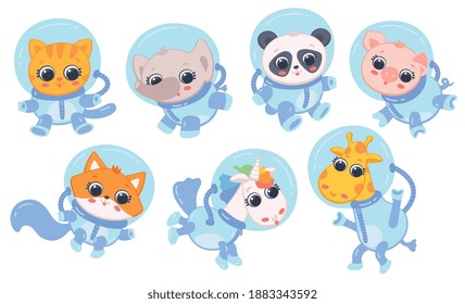 Conjunto de astronautas de animales divertidos en trajes espaciales, ilustración vectorial plana aislada en fondo blanco. Animales de dibujos animados como cosmonautas y exploradores espaciales.