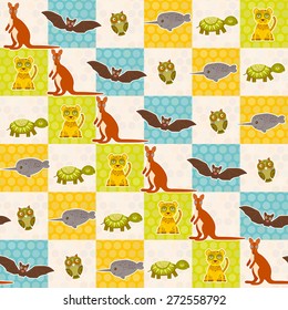 Set of funny animals bat turtle owl tiger kangaroo narwhal seamless pattern. Polka dot background with green blue orange square. Vector