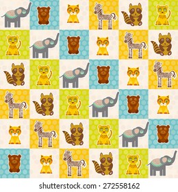 Set of funny animals bear cat raccoon zebra tiger elephant seamless pattern. Polka dot background with green blue orange square. Vector