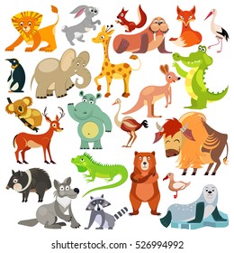 Set of funny animals, birds and reptiles from all over the world. World fauna. For alphabet. Vector illustration