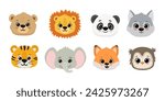 set of funny animals in cartoon style. Flat animals. Doodle illustration of panda head, lion, koala bear, elephant, hippo,tiger, fox,wolf  and owl for cards, magazins, banners. Vector 