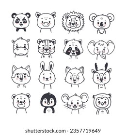 set of funny animals in cartoon style. Doodle illustration of bear, wolf, fox, deer, raccoon,
panda, fox, lion, koala,  hare for cards, magazins, banners. Vector illustration 