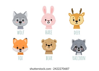 set of funny animals in cartoon style. Flat animals. Doodle illustration of wolf head, bunny, fox, bear, raccoon, deer for cards, magazins, banners. Vector