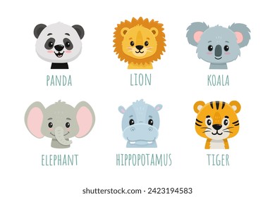 set of funny animals in cartoon style. Flat animals. Doodle illustration of panda head, lion, koala bear, elephant, hippo and tiger for cards, magazins, banners. Vector 