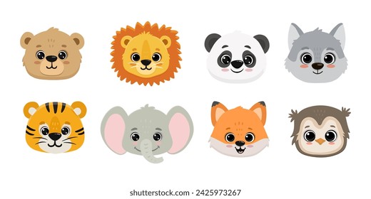 set of funny animals in cartoon style. Flat animals. Doodle illustration of panda head, lion, koala bear, elephant, hippo,tiger, fox,wolf  and owl for cards, magazins, banners. Vector 