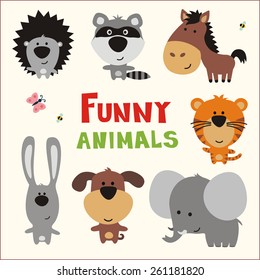 Set of funny animals in cartoon style: hedgehog, badger, horse, tiger, rabbit, dog and elephant.