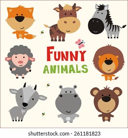 Set of funny animals in cartoon style: fox, cow, zebra, sheep, lion, goat, hippo and bear.