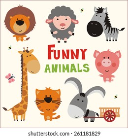 Set of funny animals in cartoon style: lion, sheep, zebra, giraffe, pig, cat and donkey with cart.