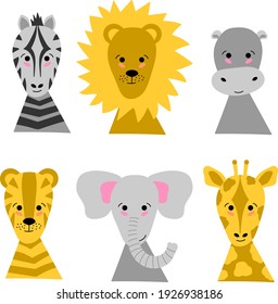 Set of funny animals characters with zebra, lion, hippo, tiger, elephant and giraffe. Vector illustration for children design, card, poster, fabric in cute cartoon style.