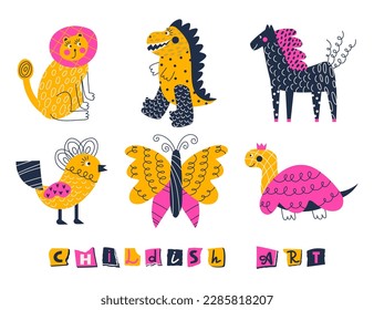 Set of funny animals. Childish collage art. Lion, dinosaur, horse, bird, butterfly, turtle. Vector flat illustration for design of greeting and event cards, posters, postcards