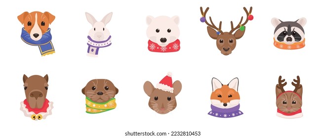 Set of funny animals in Christmas costumes and warm scarves on w