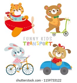 Set with funny animals. Collection kids transport.Dog, tiger, rabbit, bear. Vector illustration on white background