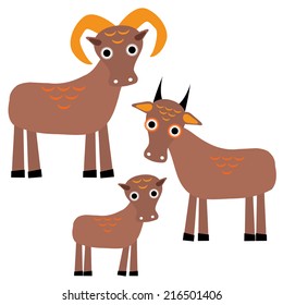Set of funny animals with cubs. Goats on a white background. vector