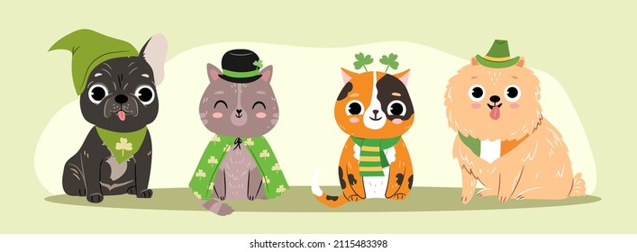 Juego de animales graciosos con ropa linda celebrando el Día de San Patricio