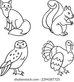 set of funny animals. Set of cute animals. Vector illustration in doodle style. Line Art