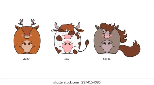 set of funny animals, elk ,deer ,cow, horse ,doodle colorful vector illustration