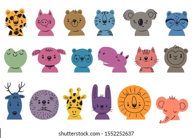 Set with funny animals face. Collection of cute animal head. Doodle style. Kids vector illustration