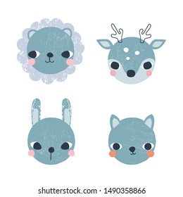 Set of funny animals faces. Kids unusual graphic. Vector hand drawn illustration.