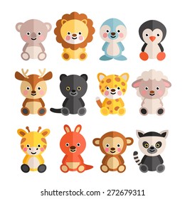 Set of funny animals in a flat style. Cute animals in a cartoon style.