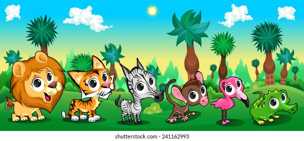 Set of funny animals in the forest. Vector and cartoon illustration.