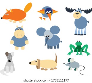 Set of funny animals (fox, bird, moose, hippopotamus, elephant, frog, dog, mouse)