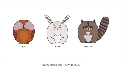 set of funny animals, hare, owl, raccoon, doodle colorful vector illustration