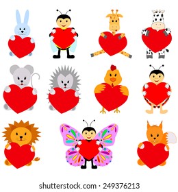 Set of funny animals with hearts for your disign. Can be used in the design of greeting cards for Valentine's Day 