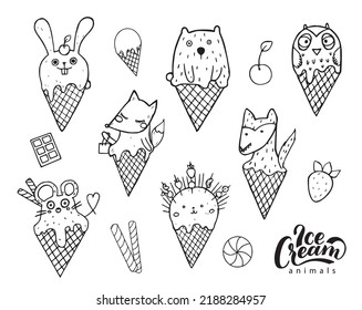 Set of funny animals in ice cream coness in children s primitive style. Hand drawn vector illustration.