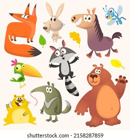 Set of funny animals isolated on white background. Cartoon fox ant-eater horse bunny raccoon hamster and bear. Vector illustration