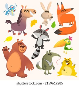Set of funny animals isolated on white background. Cartoon fox ant-eater horse bunny raccoon hamster and bear. Vector illustration