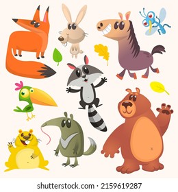 Set of funny animals isolated on white background. Cartoon fox ant-eater horse bunny raccoon hamster and bear. Vector illustration