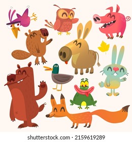 Set of funny animals isolated on white background. Cartoon fox owl  bunny rabbit beaver duck donkey pig frog and bear. Vector illustration