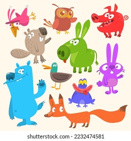 Set of funny animals isolated on white background. Cartoon fox owl  bunny rabbit beaver duck donkey pig frog and bear. Vector illustration