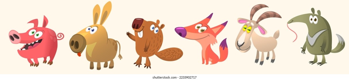 Set of funny animals isolated on white background. Cartoon fox owl  beaver  donkey pig goat ant-eater. Vector illustration