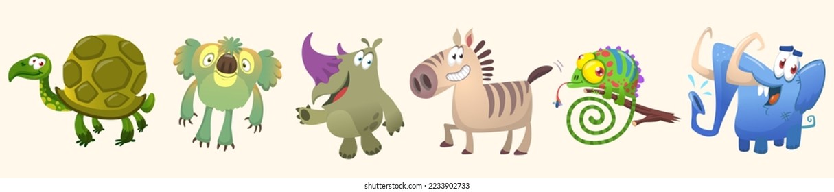 Set of funny animals isolated on white background. Cartoon turtle koala rhino zebra chameleon and elephant. Vector illustration